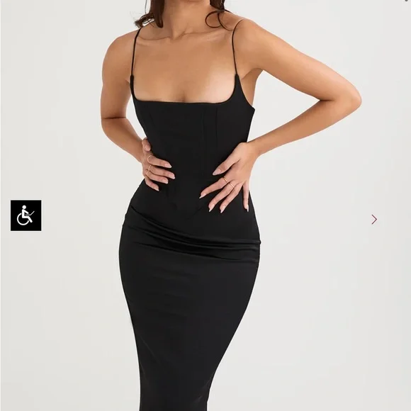 House of CB Anais Black Satin Pointed Corset Midi Dress - Picture 2 of 10